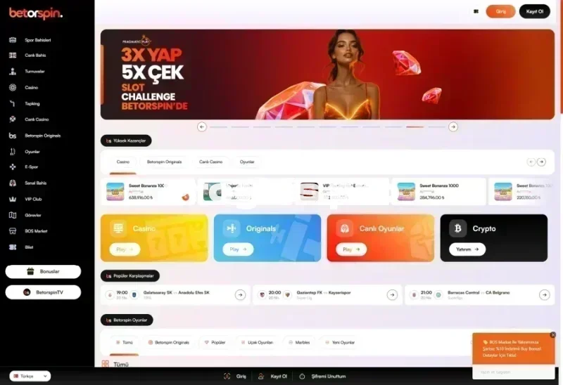 Betorspin ana sayfa görünümü