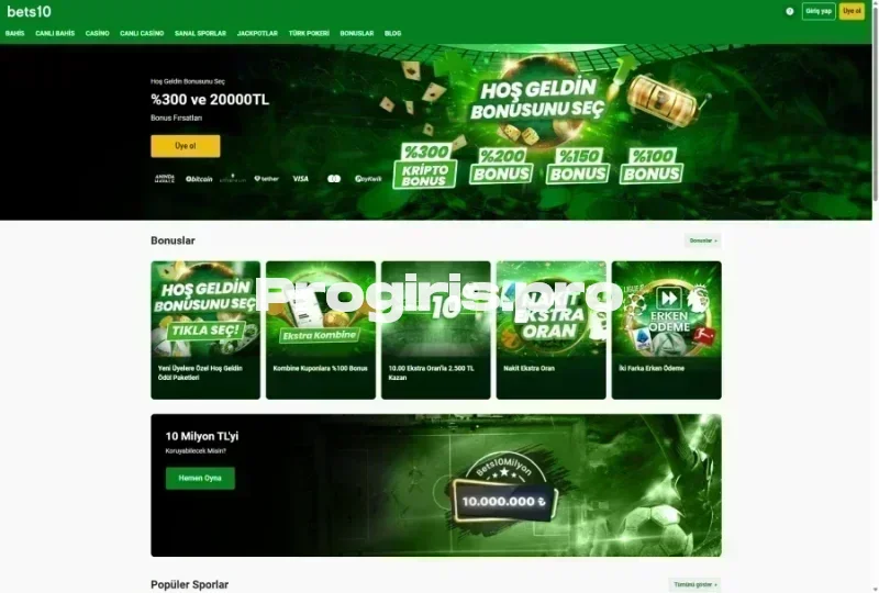 Bets10 ana sayfa görünümü