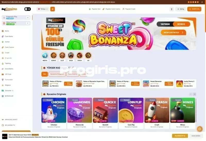 Bycasino ana sayfa görünümü