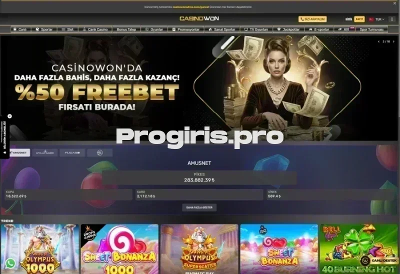 Casinowon ana sayfa görünümü