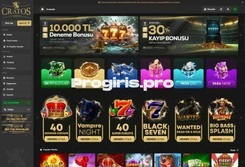 Cratos Casino ana sayfa görünümü