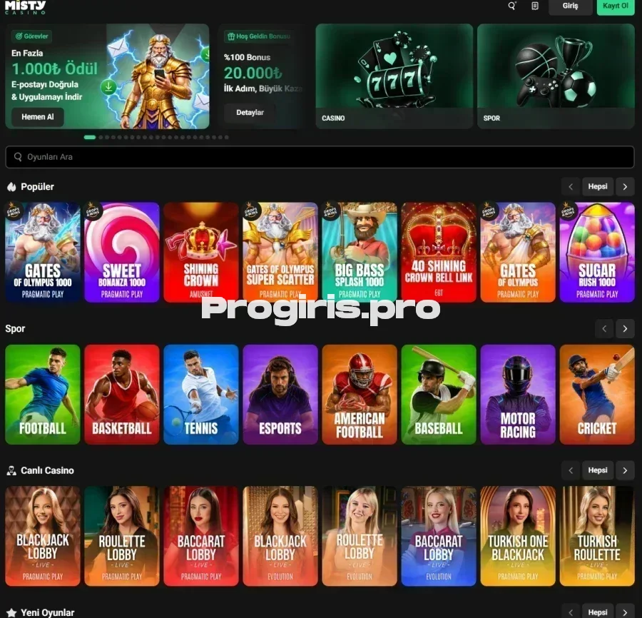 Misty Casino ana sayfa görünümü