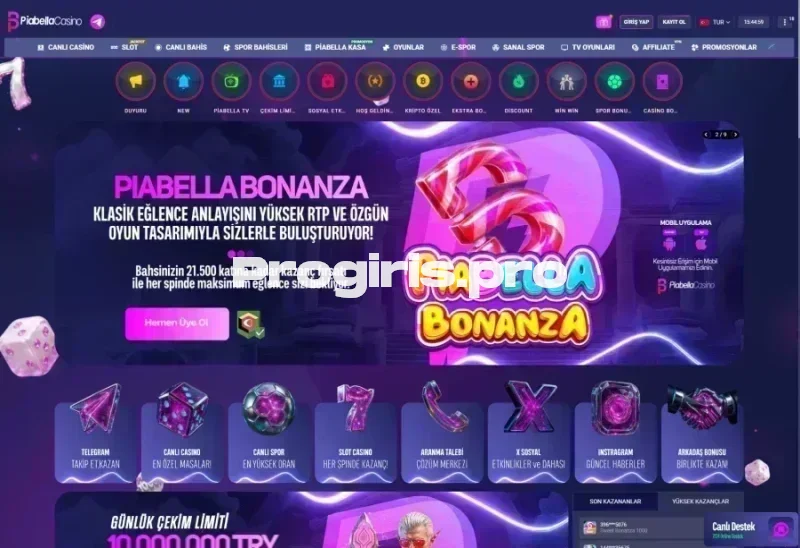Piabella Casino ana sayfa görünümü