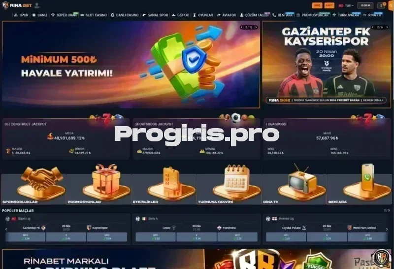 Rinabet ana sayfa görünümü