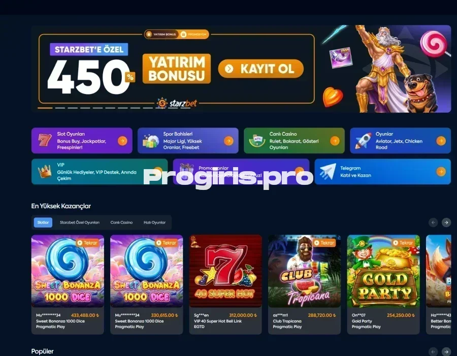 Starzbet ana sayfa görünümü