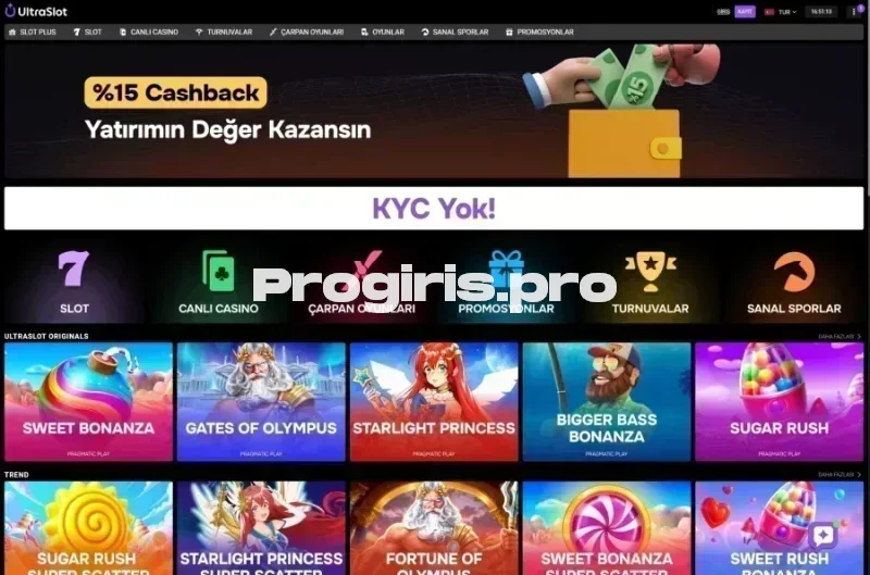 Ultraslot ana sayfa görünümü