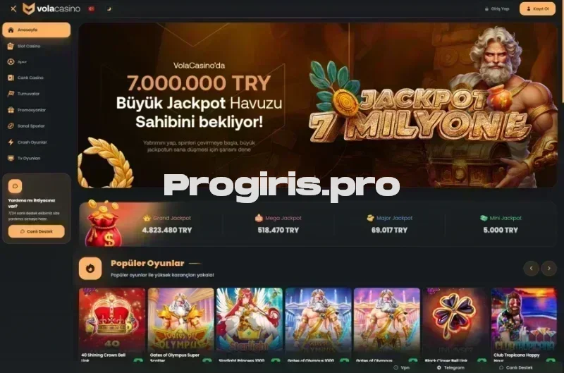 Vola Casino ana sayfa görünümü